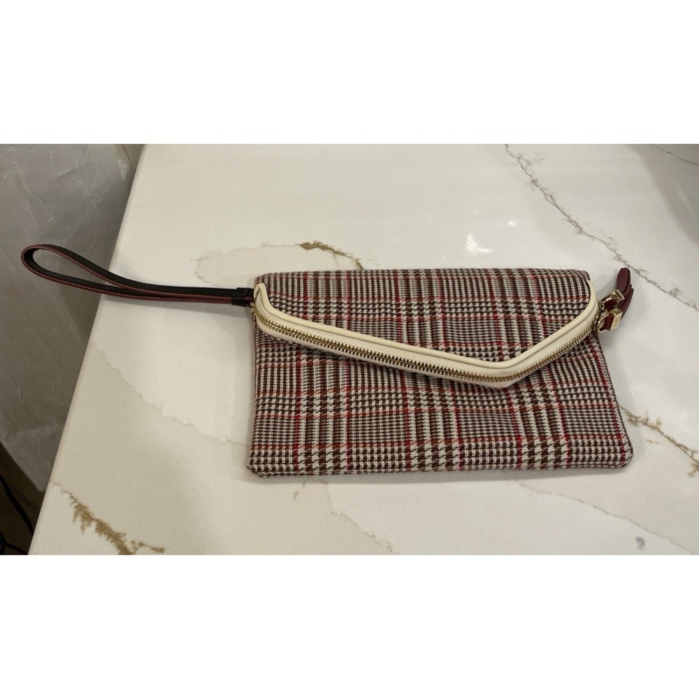 Vintage Henri Bendel Wristlet Wallet Houndstooth Brown Cream Fabric 7" x 5"